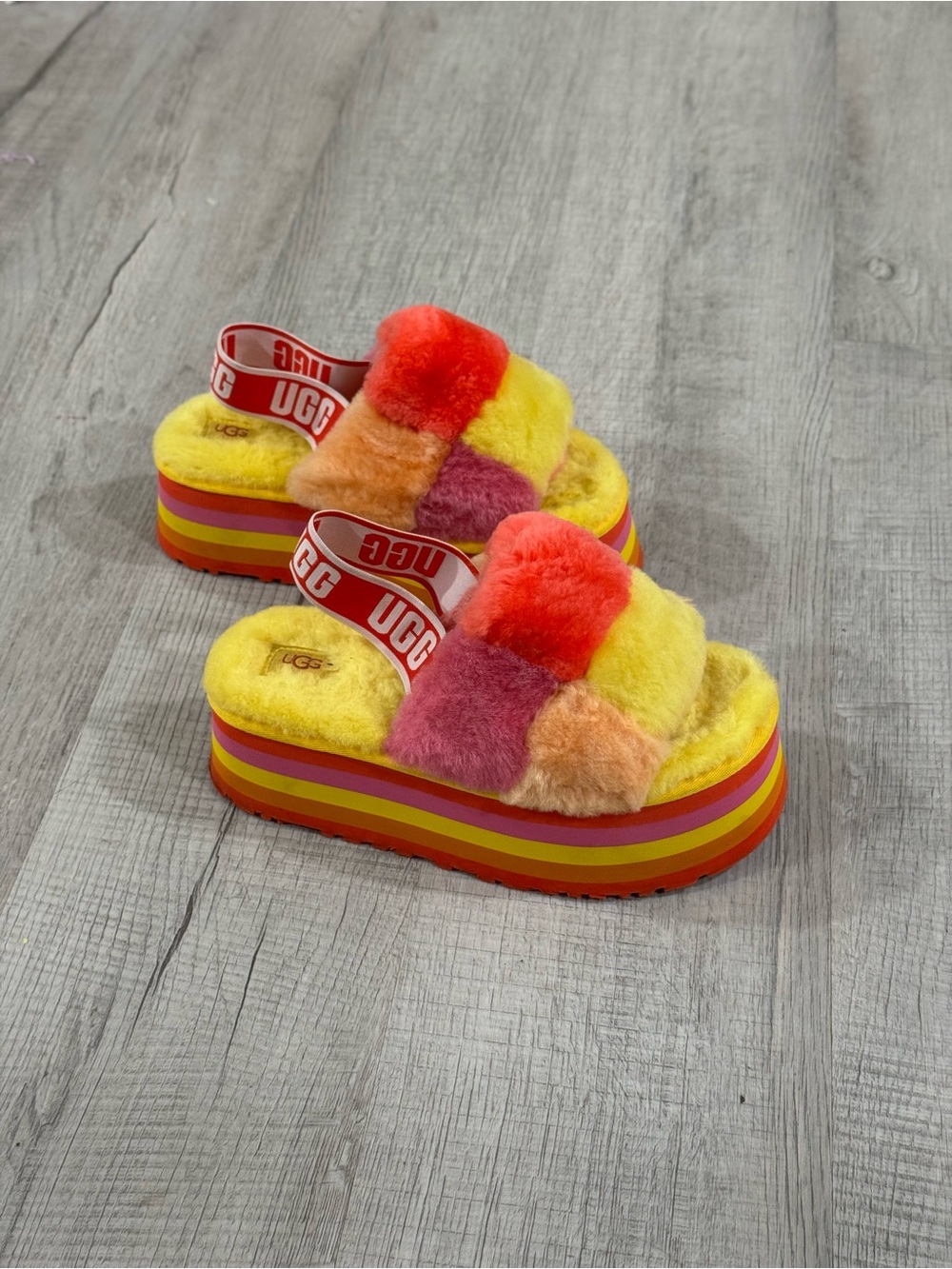 UGG Multicolor Fuzz Platform Slide - Yellow Pink Orange Red